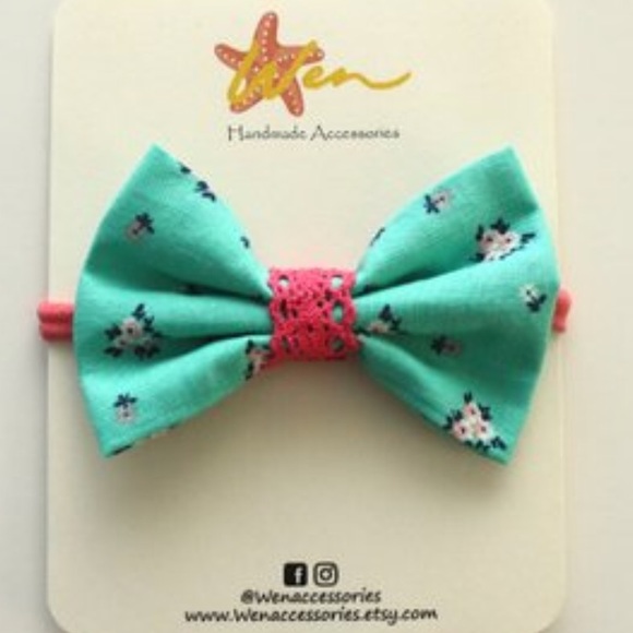 Wen mint-pink flower bow - Picture 1 of 2
